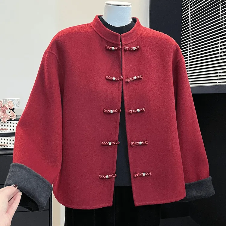 高贵妈妈新中式国风双面大衣2025冬季新款毛呢喜婆婆红色外套