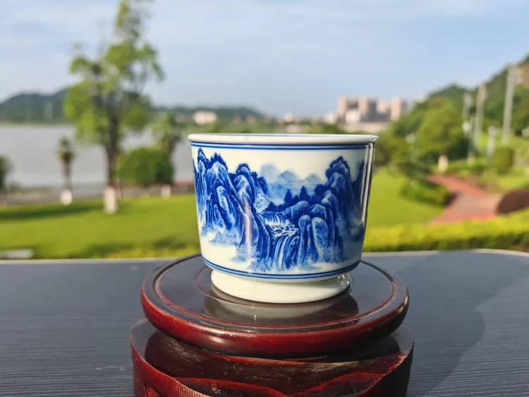 景德镇柴窑全手工手绘青花山水压手杯主人杯通用链接随机一只价格