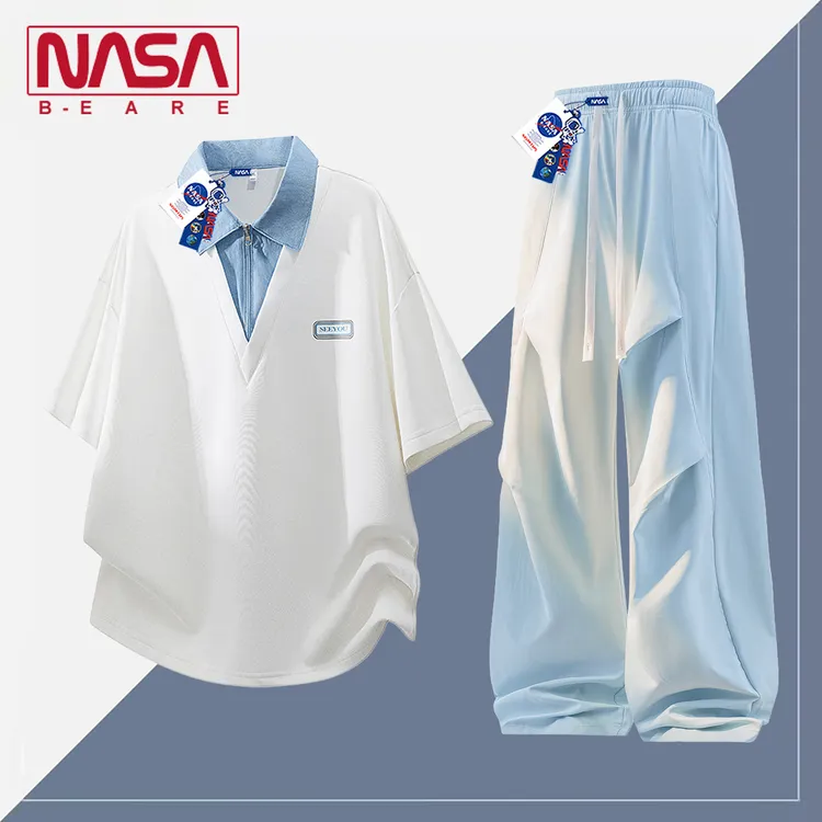 NASA联名阳光干净帅气男生套装夏季假两件翻领polo衫短袖休闲裤子