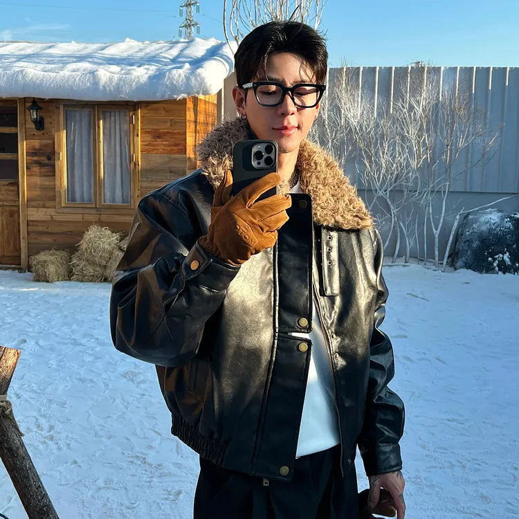OXFREAK「霜冻纹路 活页门襟」黑色PU皮毛领棉服男冬季机车服外套