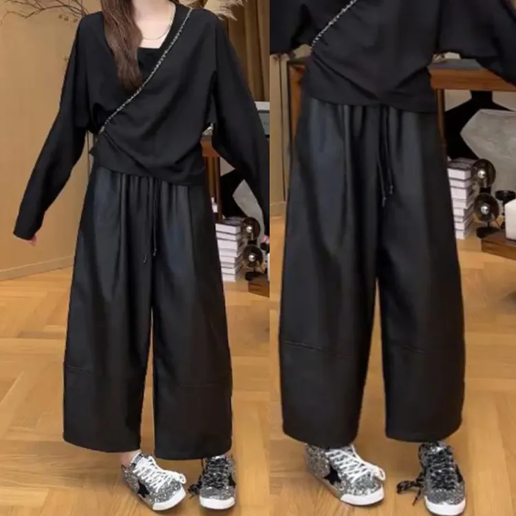 黑色大码抽绳九分裤子法式气质显瘦休闲阔腿裤早秋复古宽松皮裤女