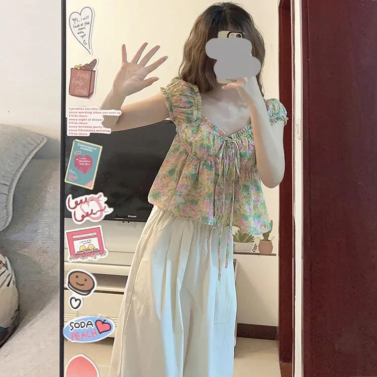 2025夏季可爱短款泡泡袖碎花娃娃衫小个子宽松阔腿九分裤两件套女