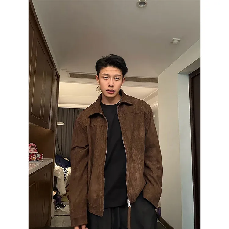 美拉德棕色翻领夹克男秋季cleanfit巴恩风麂皮绒正肩工装短款外套