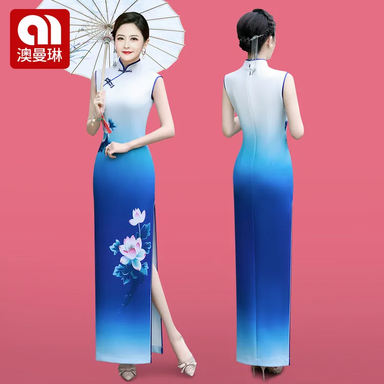 新中式走秀旗袍渐变蓝色无袖修身舞台长款气质演出服礼仪连衣裙女