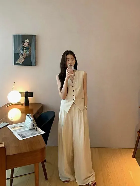 （郭郭定制）高个子加长亚麻天丝老钱风无袖马甲＋高腰阔腿裤两件套