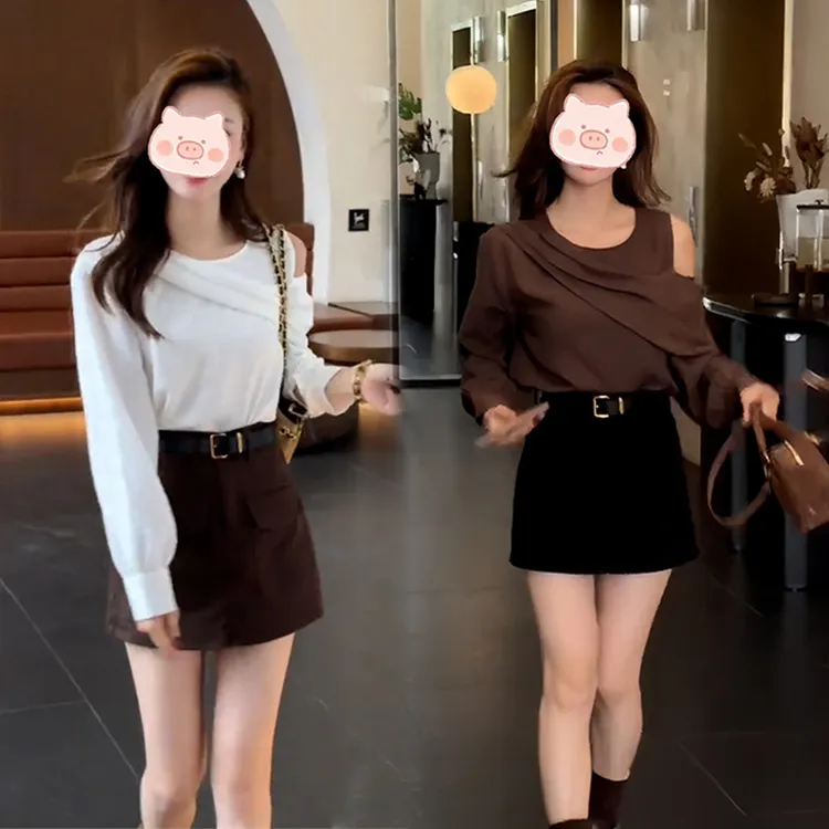 秋季新款设计感小众修身显瘦百搭短款上衣法式气质斜肩长搭配裙裤