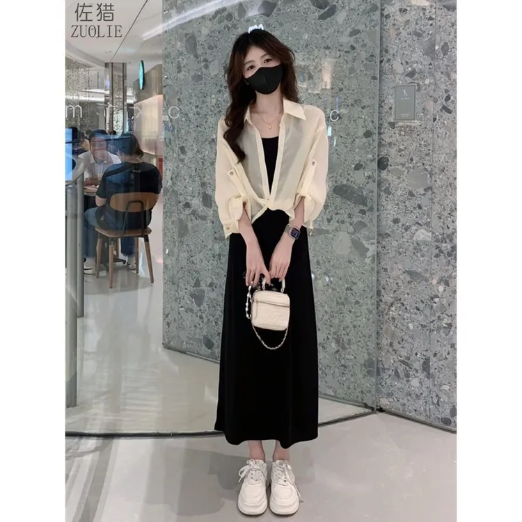 今年流行漂亮套装裙女早秋薄款长袖雪纺衬衫内搭吊带连衣裙两件套