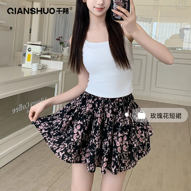 千朔玫瑰碎花短裙女夏季2025新款蛋糕裙半裙小个子a字裙子半身裙