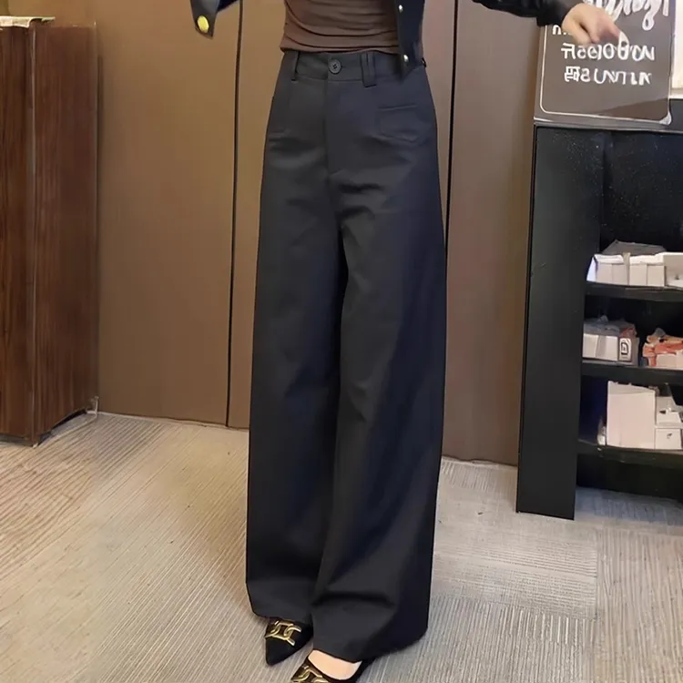 黑色垂感直筒裤女2025秋季新款气质通勤显瘦窄版韩式阔腿裤休闲裤