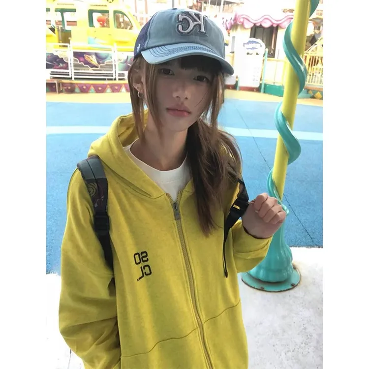 黄色连帽开衫卫衣女早春新款慵懒风拉链开衫外套宽松长袖帽衫上衣