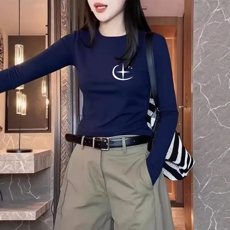 女士棉t恤减龄洋气复古藏蓝正肩长袖打底衫圆领内搭秋季新款上衣