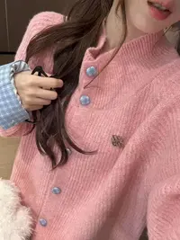 韩系复古灰色翻领长袖针织开衫女春季新款慵懒风宽松显瘦毛衣外套
