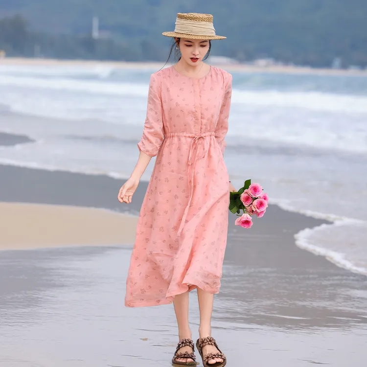 春夏季套头法式连衣裙旅游高级裙子长袖春夏中长款碎花显瘦连衣裙