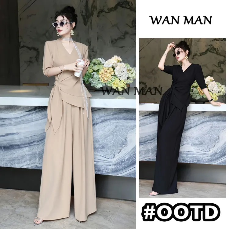 高级感洋气套装夏季款气质V领时尚短袖上衣显瘦垂感阔腿裤两件套