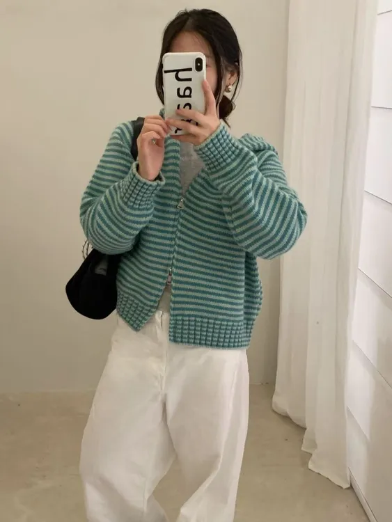 韩系撞色条纹双拉链连帽针织开衫女秋冬新款宽松慵懒风毛衣外套厚