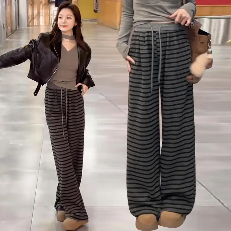爆款高级感显瘦显高条纹阔腿裤女2025春新款休闲慵懒风时尚拖地裤