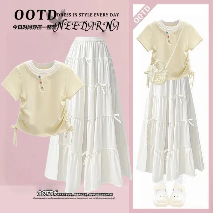 女童超好看夏装裙子套装2025新款薄款洋气儿童假两件短袖半身长裙