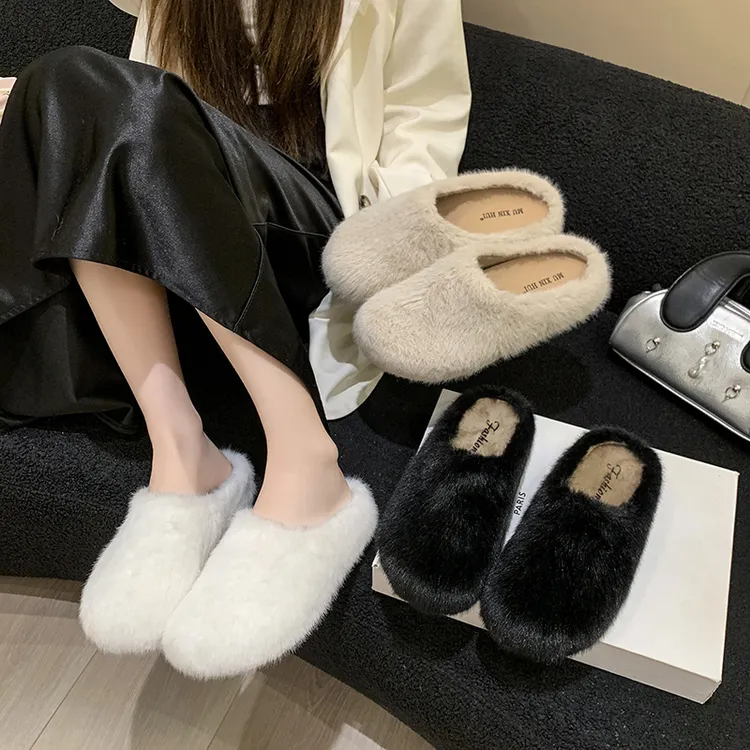 毛毛拖鞋女鞋秋冬款包头拖软底加绒纯色毛毛拖鞋