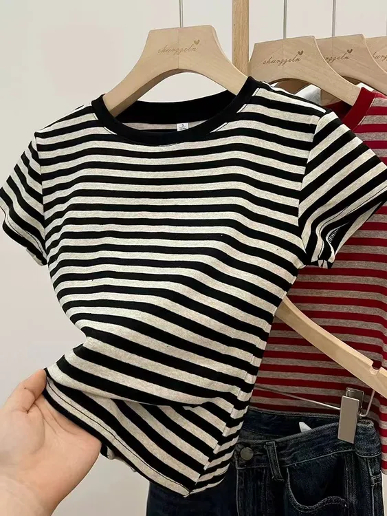 复古撞色条纹圆领正肩短袖T恤女夏季短款修身洋气内搭打底上衣服