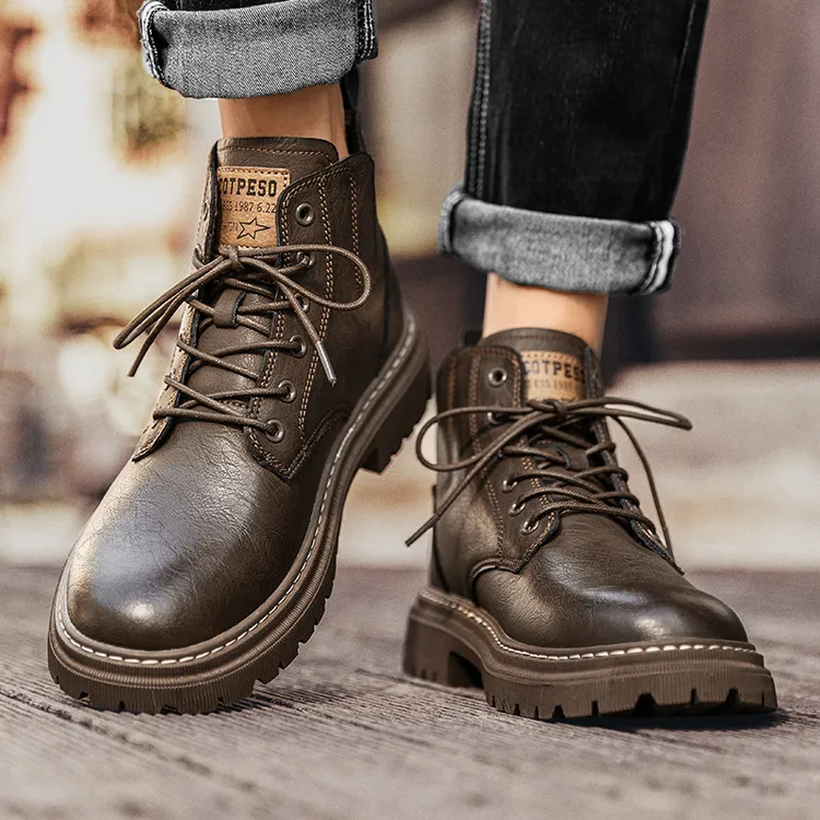 牛皮马丁靴男2025秋季新款男鞋中帮复古工装潮鞋子男士皮靴 休闲
