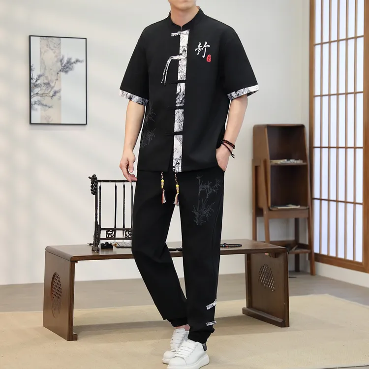 中国风男士套装复古名族风短袖九分裤两件套新中式唐装盘扣一套