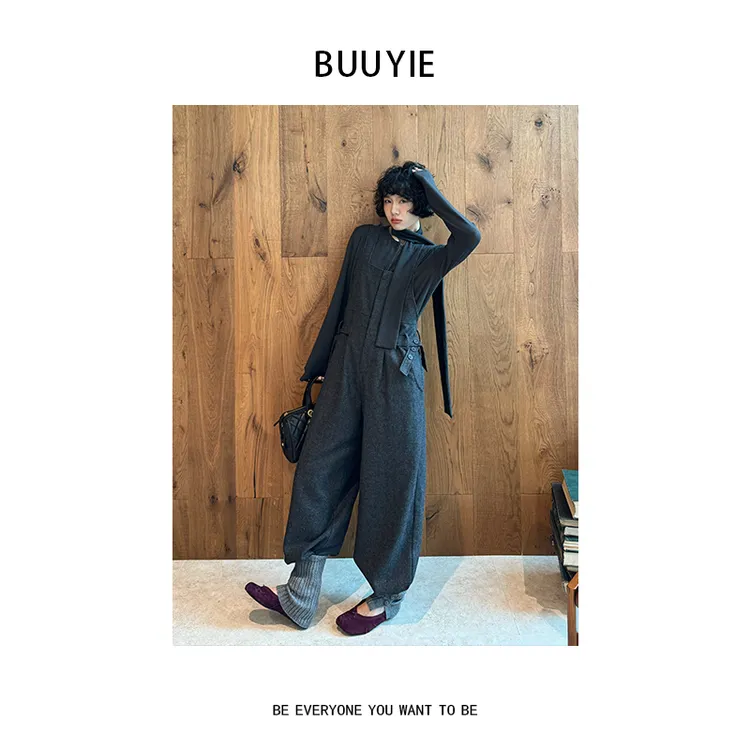 BUUYIE【默禾】羊毛背带裤阔腿裤秋冬宽松直筒复古新款女251036