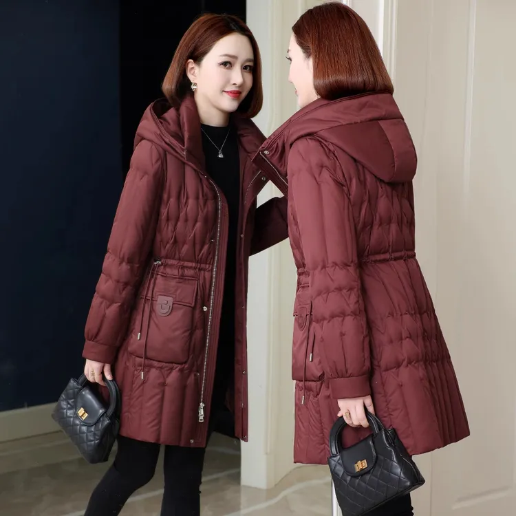 休闲冬季新款时尚修身保暖鹅绒妈妈羽绒服女中长款收腰高级感外套