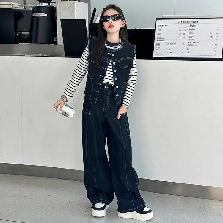 2025新款女童牛仔休闲三件套长袖春秋款时髦条纹套装中大儿童秋装