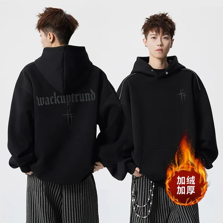 连帽卫衣男装秋冬季加绒加厚百搭潮牌字母印花美式学生上衣服外套