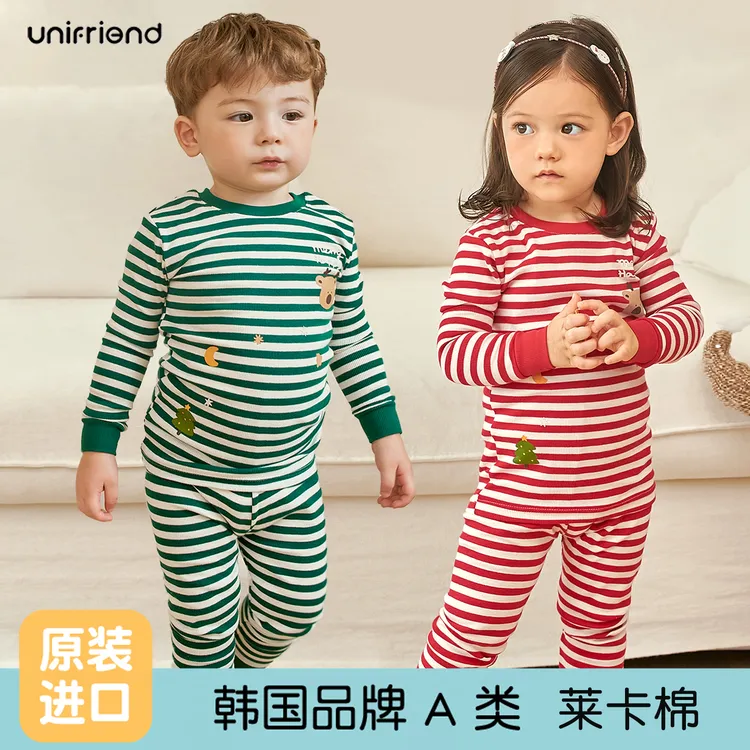 unifriend25秋冬圣诞节新款儿童秋衣秋裤全棉a类宝宝内衣套装睡衣