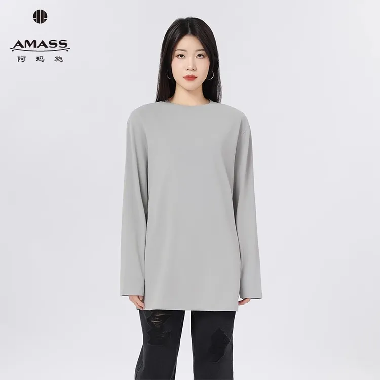 阿玛施春夏纯色长袖T恤中长款上衣新品女5301阿玛施长袖t恤