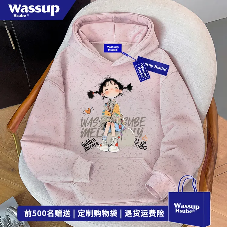 WASSUP HSUBE慵懒风创意女孩印花连帽卫衣男女秋冬季潮牌扎染上衣