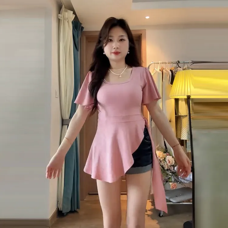 大码不规则绑带掐腰设计方领上衣女夏季胖mm显瘦遮肚百搭短袖t恤