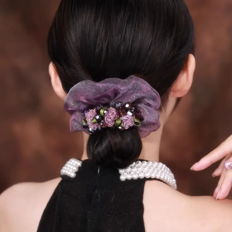 高级感紫藤花大肠发圈时尚欧根纱扎发皮筋高弹力皮套头绳头花发饰