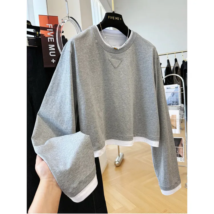 胖妹妹240斤大码韩系假两件拼接长袖T恤女秋季独特高级感短款上衣