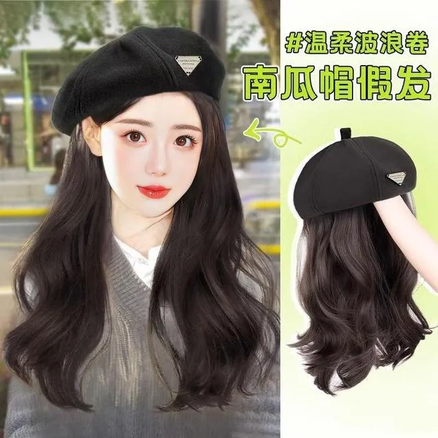 新款贝雷帽子假头发一体女长发大波浪微卷时尚自然头套水波纹