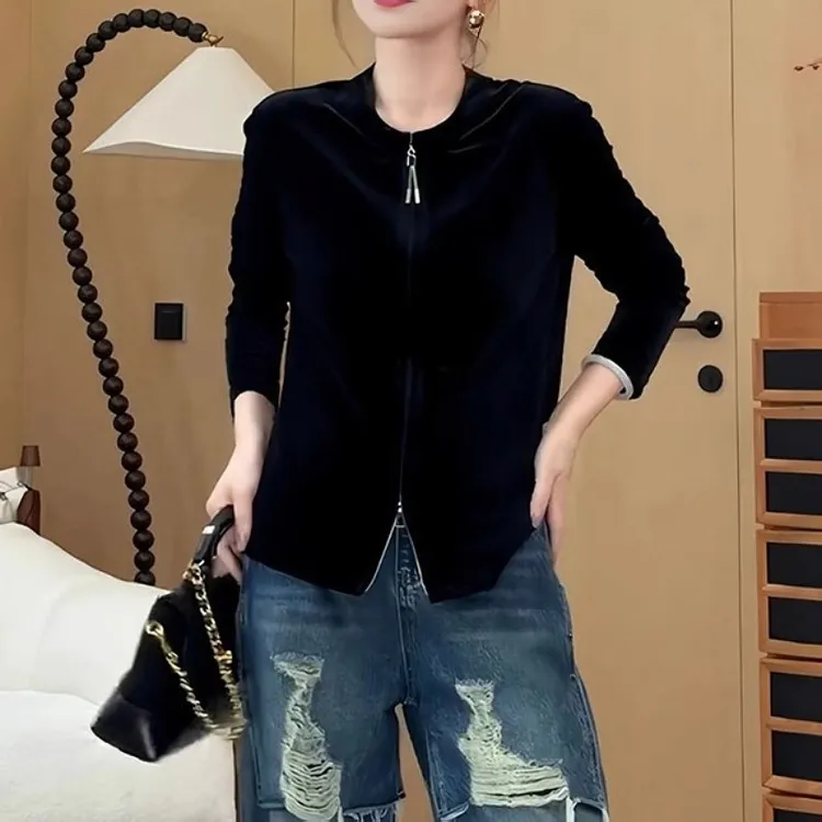 简约黑色双拉链长袖外套女秋季新款胖MM大码女装休闲百搭洋气上衣