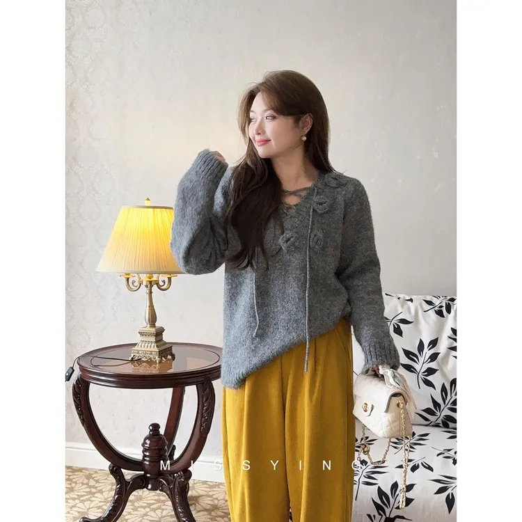 应小姐【花阀】微胖大码秋冬休闲显瘦时尚宽松长袖复古百搭毛针织衫