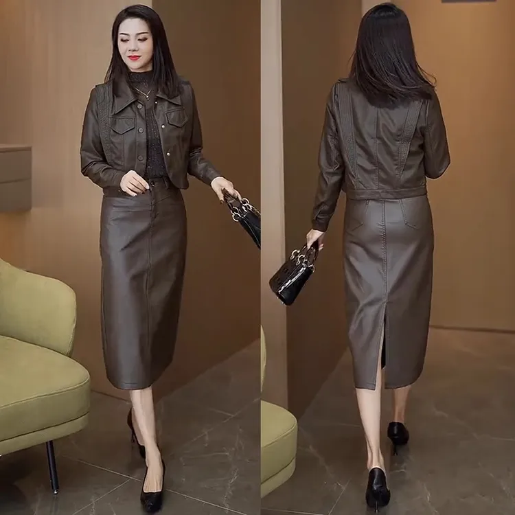 时尚套装裙女2024秋季新款气质显瘦小皮衣外套包臀皮裙洋气两件套