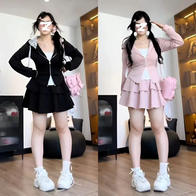 【源头厂家】草莓派微胖早秋新款纯欲风显瘦上衣+短裙大码套装女