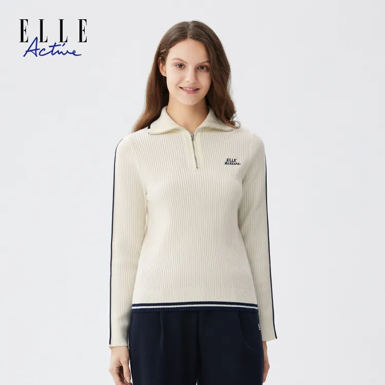 ELLE Active【莫代尔棉】经典翻领针织衫女款毛衣纯色休闲百搭上衣