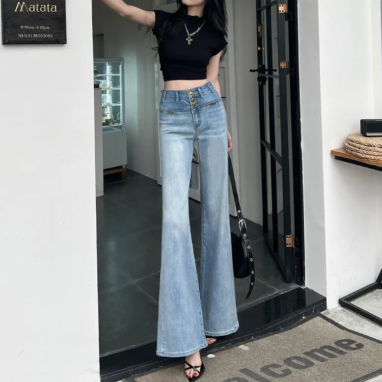 浅蓝色高腰不贴腿喇叭牛仔裤女2025秋季新款宽松显瘦重工垂感拖地
