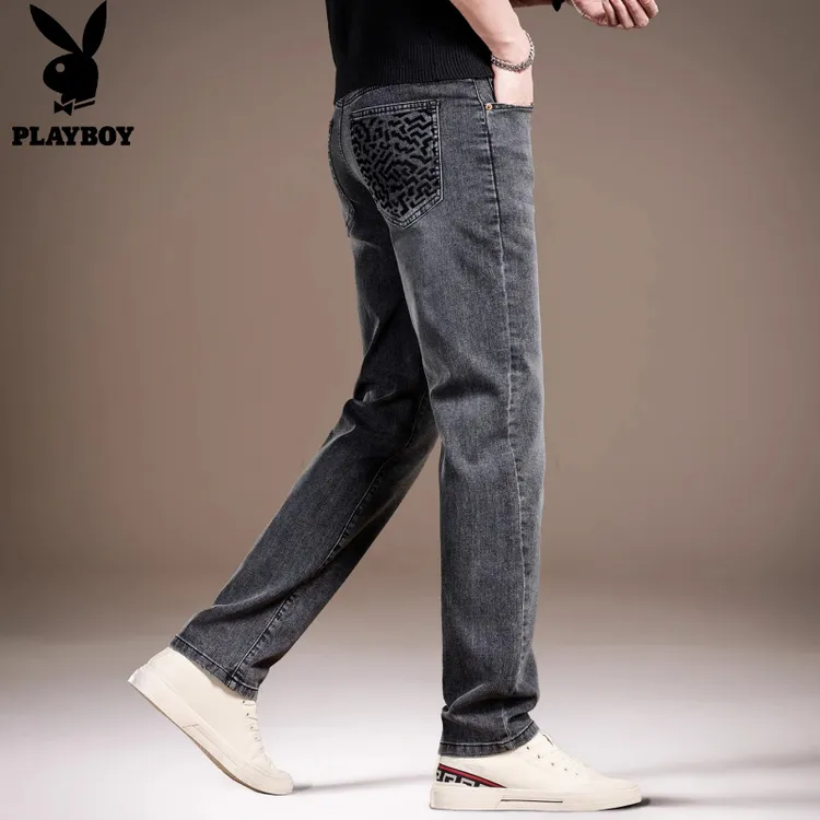 花花公子高端简约百搭男士牛仔裤夏季新款修身直筒弹力休闲裤子男
