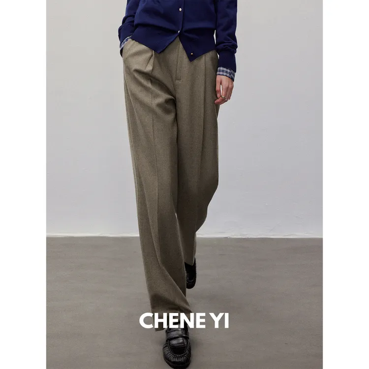 CHENE YI 设计感宝剑袢单褶法兰绒微锥西裤女百搭休闲长裤