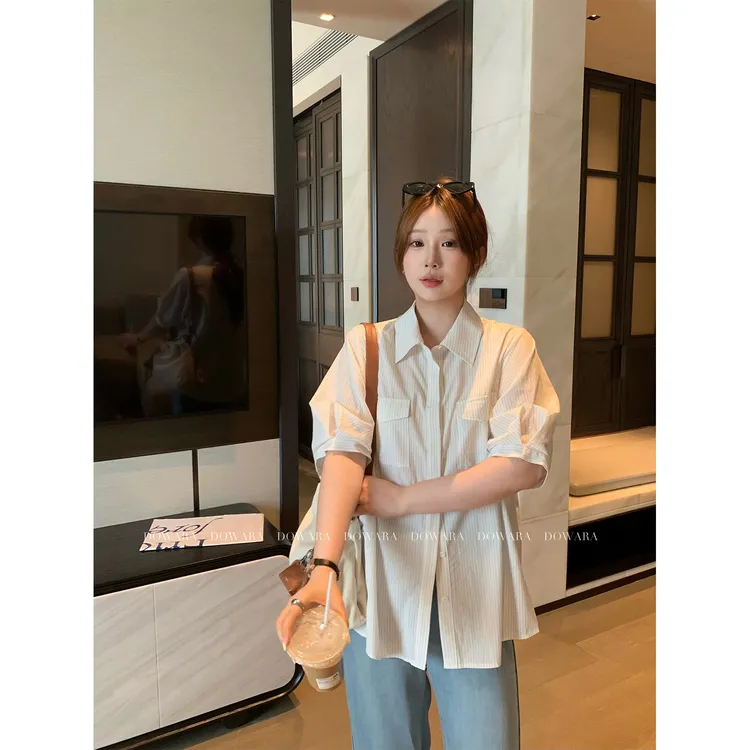 现货大婉酱微胖定制【包豪斯】独特高级设计感衬衫女条纹上衣 8700D