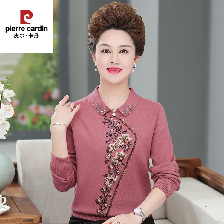 皮尔卡丹加大码妈妈装秋装打底衫翻领针织小衫中老年毛衣女绣花老