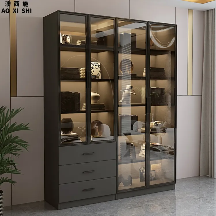 澳西施轻奢书柜带玻璃门客厅酒柜定制家用靠墙手办展示柜一体组合