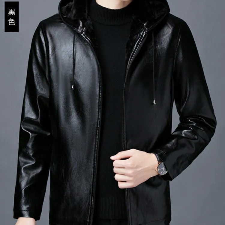 多口袋男士秋冬加绒连帽皮衣连帽薄款男冬季