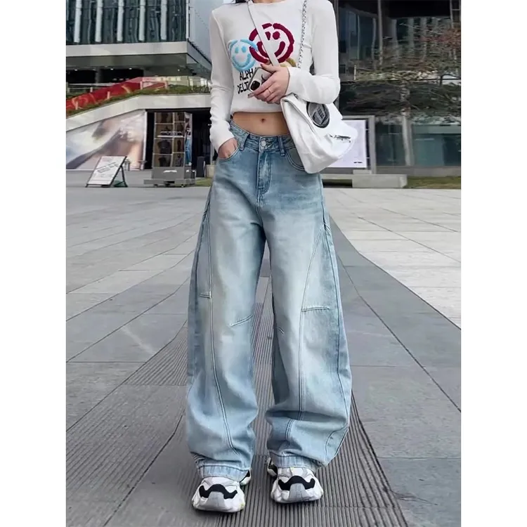 欧美式卡通米奇贴布刺绣牛仔裤女新款时尚潮流香蕉阔腿直筒弯刀裤