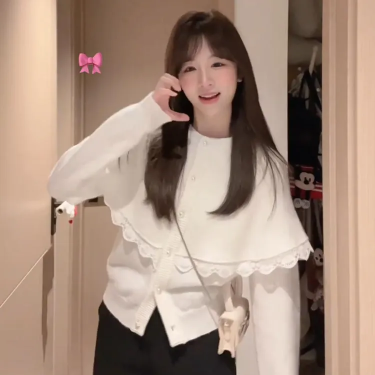 【8306】秋冬季法式毛衣拼接蕾丝边披肩针织衫女装减龄显瘦上衣女